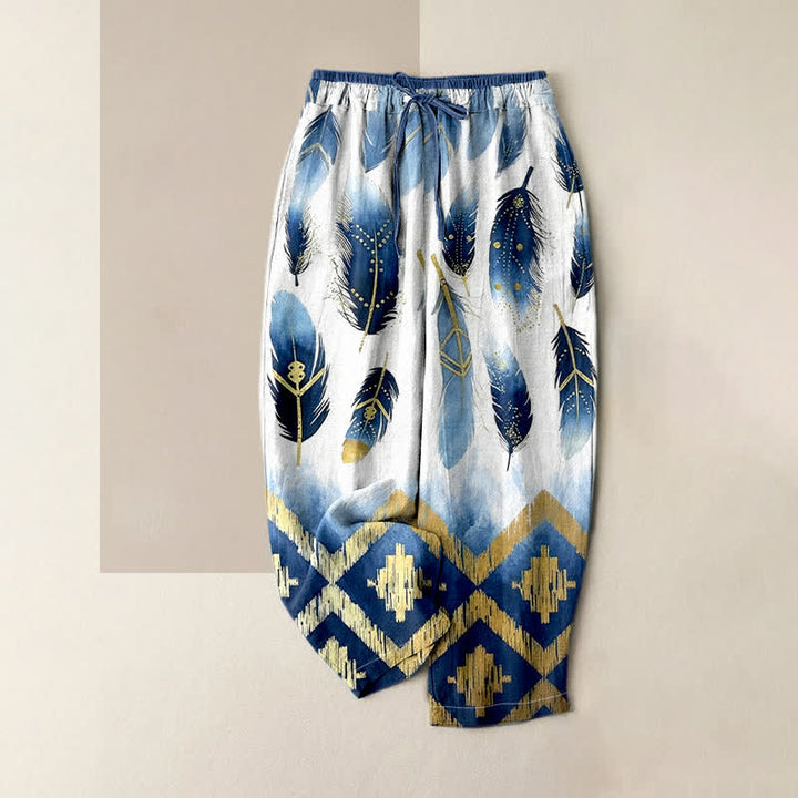 Buddha Stones Pantalones de mujer de algodón puro con estampado de plumas azul marino y borde dorado, cintura elástica y bolsillos. - Blanco - US16，UK/AU20，EU48 (3XL) - image 0
