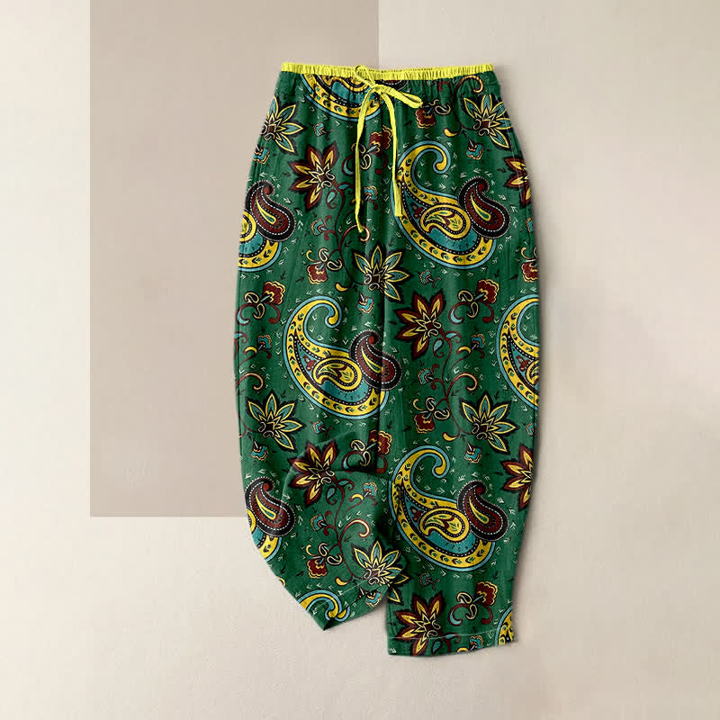 Buddha Stones Pantalones harem de algodón puro con estampado floral paisley para mujer, cintura elástica y bolsillos. - Verde bosque - US16，UK/AU20，EU48 (3XL) - image 0
