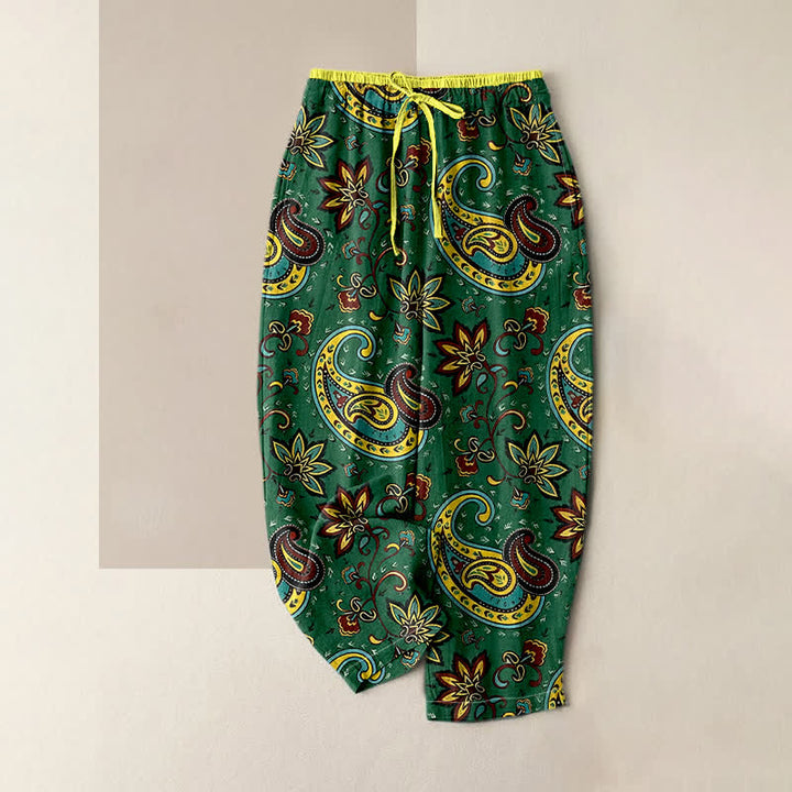 Buddha Stones Pantalones harem de algodón puro con estampado floral paisley para mujer, cintura elástica y bolsillos. - Verde bosque - US16，UK/AU20，EU48 (3XL) - image 0