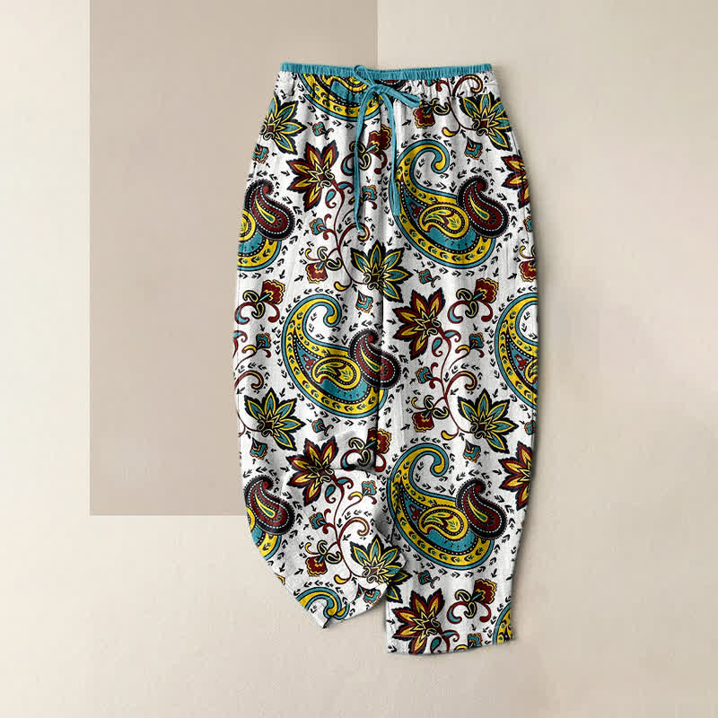 Buddha Stones Pantalones harem de algodón puro con estampado floral paisley para mujer, cintura elástica y bolsillos. - Blanco - US16，UK/AU20，EU48 (3XL) - image 3
