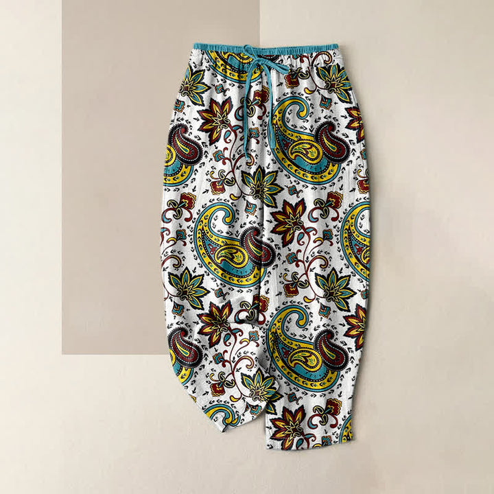 Buddha Stones Pantalones harem de algodón puro con estampado floral paisley para mujer, cintura elástica y bolsillos. - Blanco - US16，UK/AU20，EU48 (3XL) - image 3