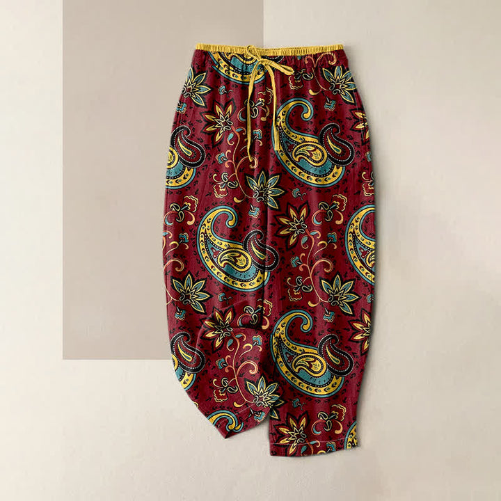 Buddha Stones Pantalones harem de algodón puro con estampado floral paisley para mujer, cintura elástica y bolsillos. - Granate - US16，UK/AU20，EU48 (3XL) - image 4