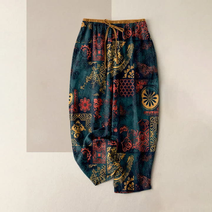 Buddha Stones Pantalones de mujer de algodón con estampado floral, cintura elástica y bolsillos. - Verde azulado - US16，UK/AU20，EU48 (3XL) - image 0