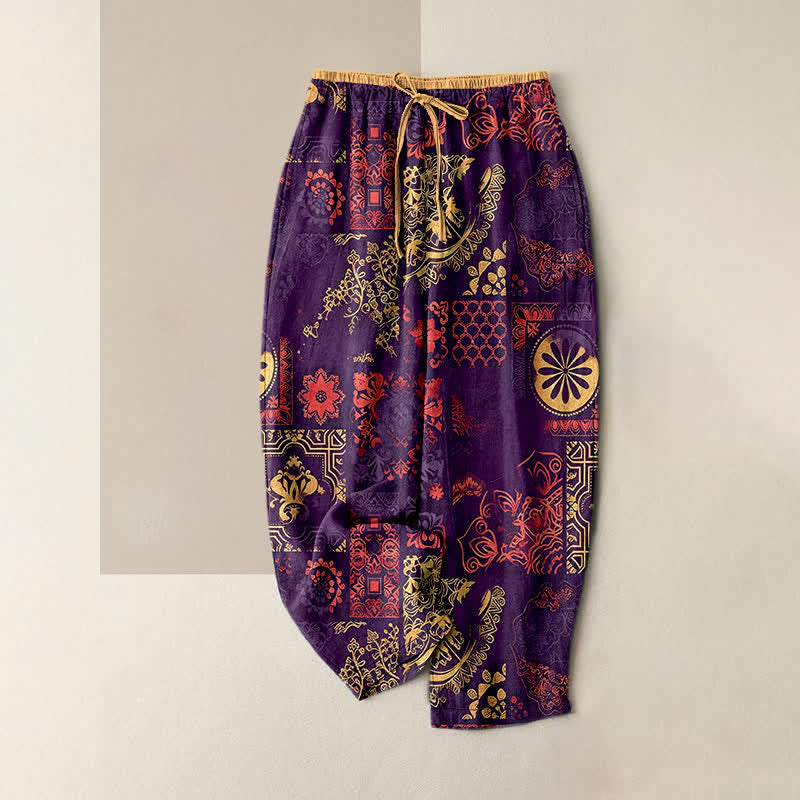 Buddha Stones Pantalones de mujer de algodón con estampado floral, cintura elástica y bolsillos. - Púrpura - US16，UK/AU20，EU48 (3XL) - image 4