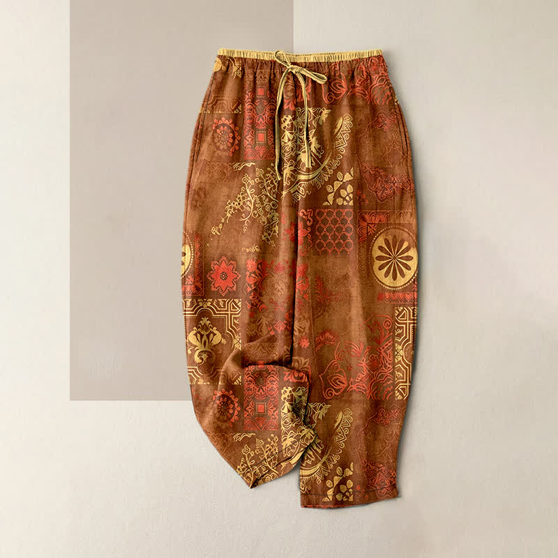 Buddha Stones Pantalones de mujer de algodón con estampado floral, cintura elástica y bolsillos. - Tierra de siena - US16，UK/AU20，EU48 (3XL) - image 5