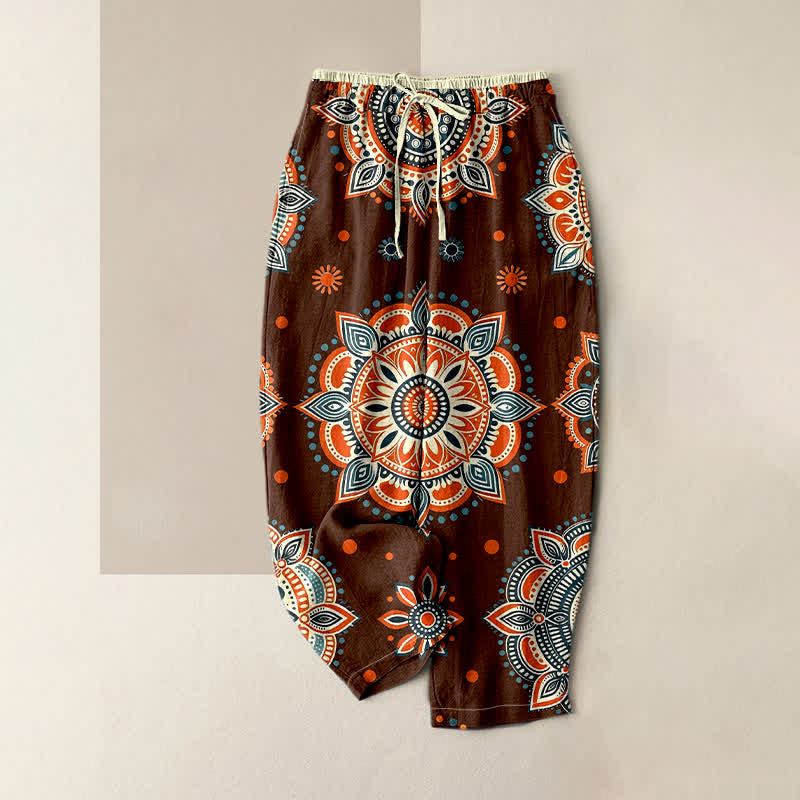 Buddha Stones Pantalones de mujer de algodón puro con estampado floral de mandala, cintura elástica y bolsillos. - Marrón - US16，UK/AU20，EU48 (3XL) - image 0