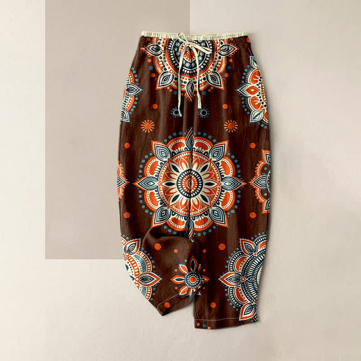 Buddha Stones Pantalones de mujer de algodón puro con estampado floral de mandala, cintura elástica y bolsillos. - Marrón - US16，UK/AU20，EU48 (3XL) - image 0