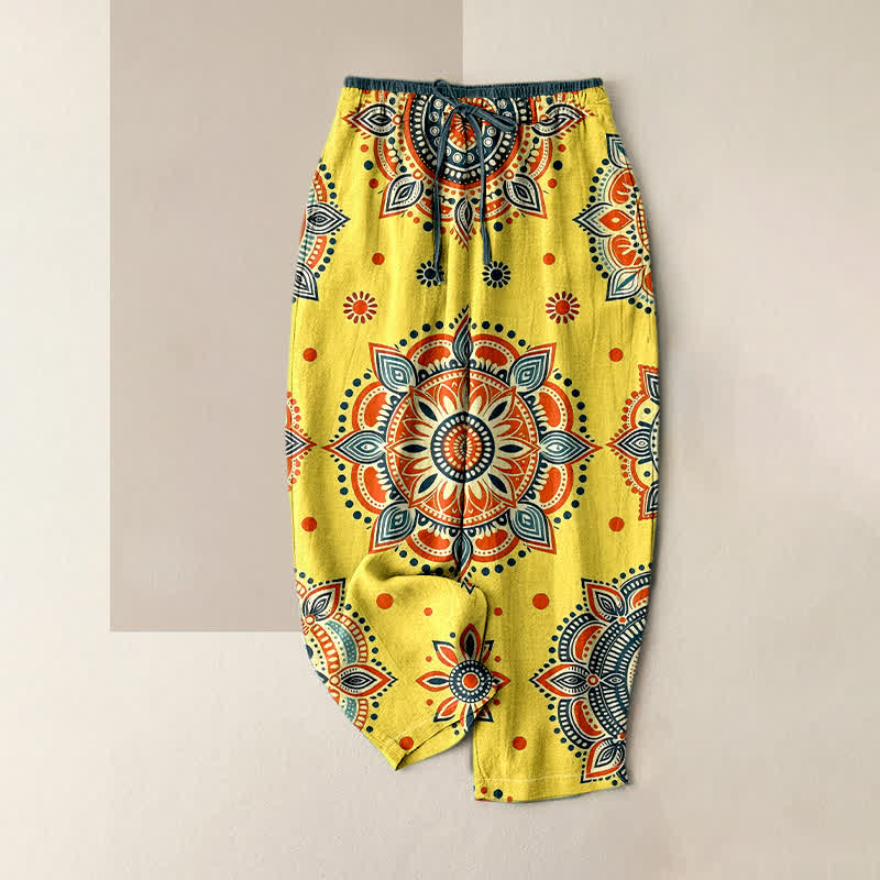 Buddha Stones Pantalones de mujer de algodón puro con estampado floral de mandala, cintura elástica y bolsillos. - Amarillo - US16，UK/AU20，EU48 (3XL) - image 4