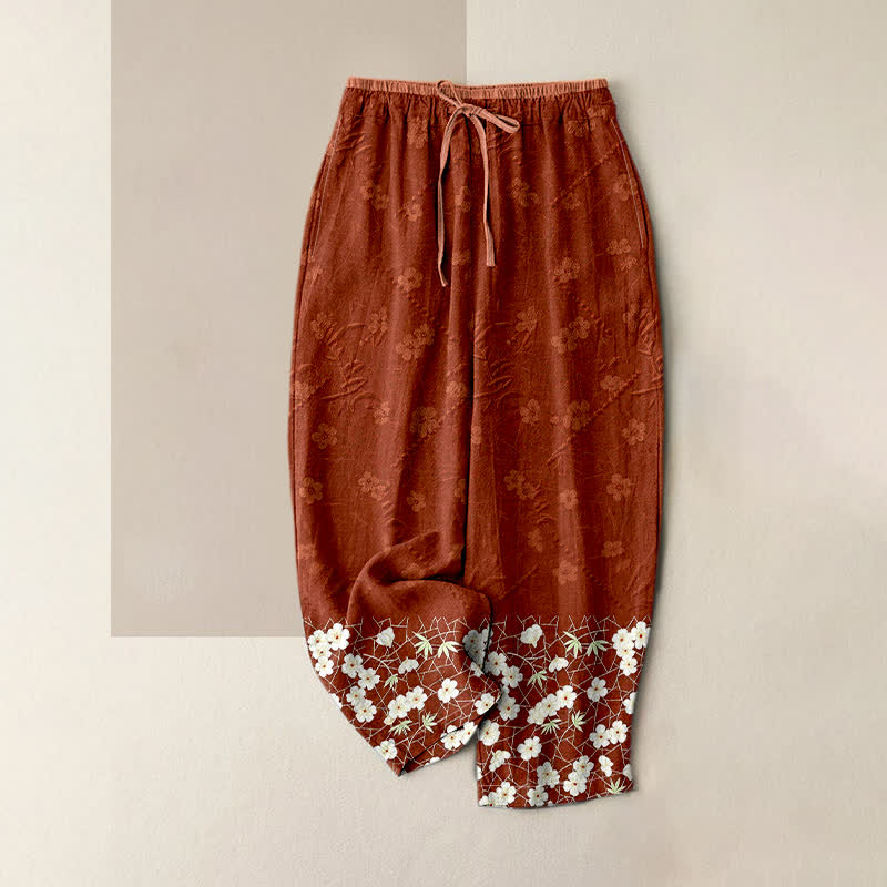 Buddha Stones Pantalones de mujer de algodón puro con estampado floral, cintura elástica y bolsillos. - Tierra de siena - US16，UK/AU20，EU48 (3XL) - image 0