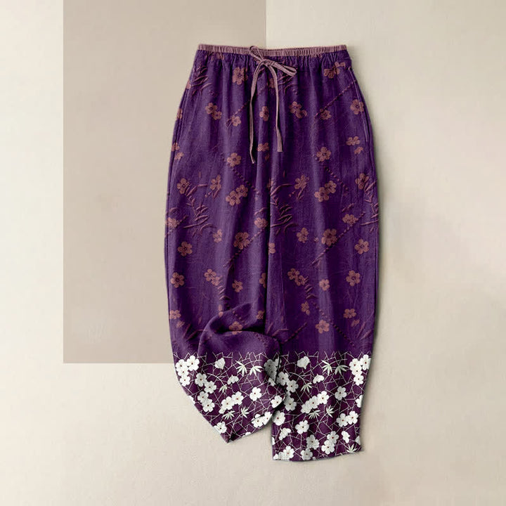 Buddha Stones Pantalones de mujer de algodón puro con estampado floral, cintura elástica y bolsillos. - Púrpura - US16，UK/AU20，EU48 (3XL) - image 4
