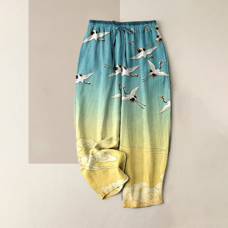 Buddha Stones Pantalones de mujer de algodón puro con estampado degradado de grullas voladoras y nubes, cintura elástica y bolsillos. - Turquesa - US16，UK/AU20，EU48 (3XL) - image 0