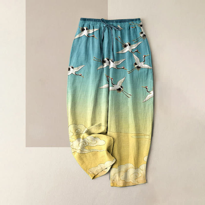 Buddha Stones Pantalones de mujer de algodón puro con estampado degradado de grullas voladoras y nubes, cintura elástica y bolsillos. - Turquesa - US16，UK/AU20，EU48 (3XL) - image 0