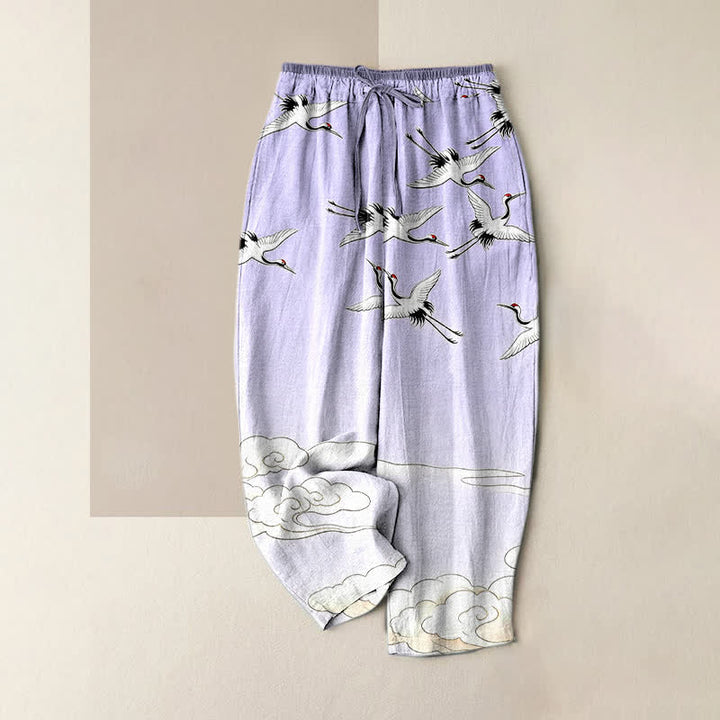 Buddha Stones Pantalones de mujer de algodón puro con estampado degradado de grullas voladoras y nubes, cintura elástica y bolsillos. - Lavanda - US16，UK/AU20，EU48 (3XL) - image 3