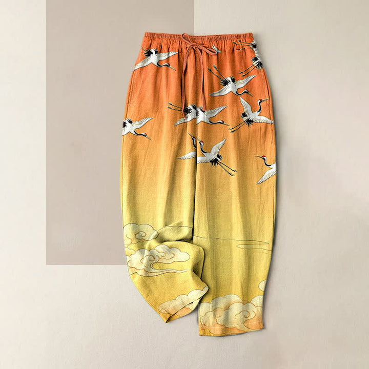 Buddha Stones Pantalones de mujer de algodón puro con estampado degradado de grullas voladoras y nubes, cintura elástica y bolsillos. - Naranja - US16，UK/AU20，EU48 (3XL) - image 4
