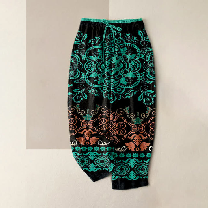 Buddha Stones Pantalones de mujer de algodón puro con estampado de mandala, cintura elástica y bolsillos. - Verde azulado - US16，UK/AU20，EU48 (3XL) - image 0