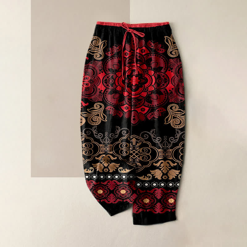Buddha Stones Pantalones de mujer de algodón puro con estampado de mandala, cintura elástica y bolsillos. - Rojo - US16，UK/AU20，EU48 (3XL) - image 4