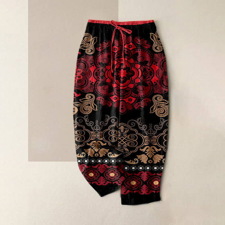 Buddha Stones Pantalones de mujer de algodón puro con estampado de mandala, cintura elástica y bolsillos. - Rojo - US16，UK/AU20，EU48 (3XL) - image 4