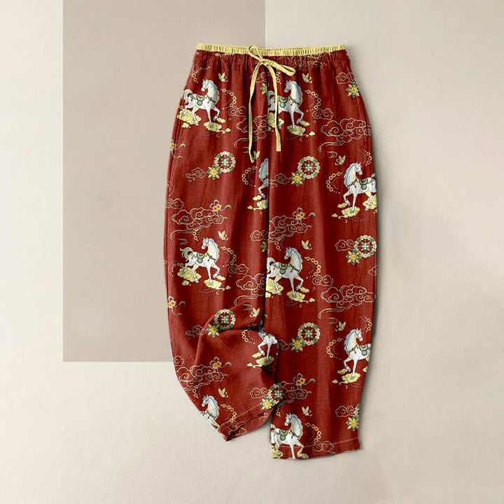 Buddha Stones Pantalones de mujer de algodón puro con estampado floral y nubes, cintura elástica y bolsillos. - Tierra de siena - US16，UK/AU20，EU48 (3XL) - image 0