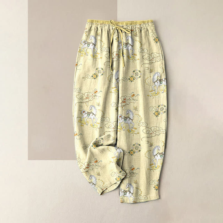 Buddha Stones Pantalones de mujer de algodón puro con estampado floral y nubes, cintura elástica y bolsillos. - seda de maíz - US16，UK/AU20，EU48 (3XL) - image 3