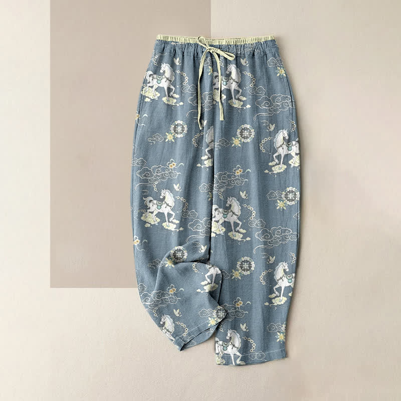 Buddha Stones Pantalones de mujer de algodón puro con estampado floral y nubes, cintura elástica y bolsillos. - Azul acero - US16，UK/AU20，EU48 (3XL) - image 4
