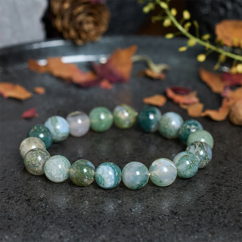 Buddha Stones Pulsera sencilla de cuentas de ágata musgosa para sanación - image 1