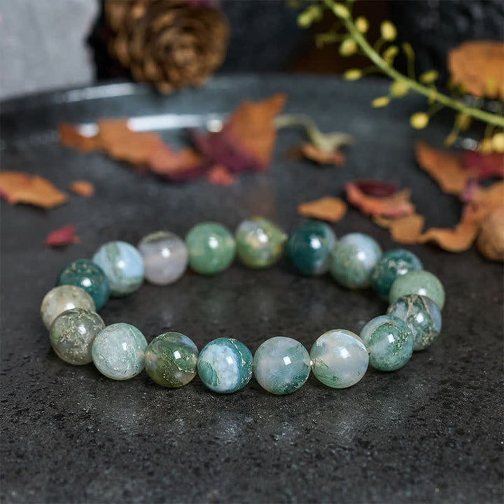 Buddha Stones Pulsera sencilla de cuentas de ágata musgosa para sanación - image 1