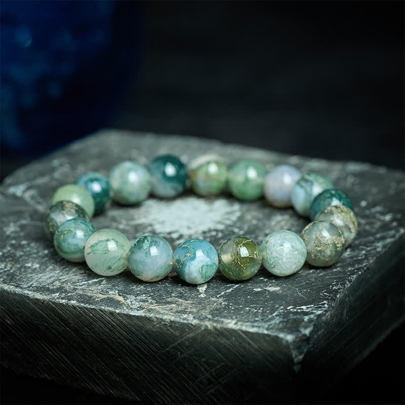 Buddha Stones Pulsera sencilla de cuentas de ágata musgosa para sanación - Ágata musgosa de 14 mm (circunferencia de la muñeca: 18-19 cm) - image 0