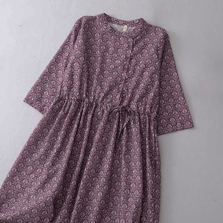 Buddha Stones Vestido de verano para mujer con estampado floral, manga corta, botones, cordón ajustable y bolsillos. - image 2