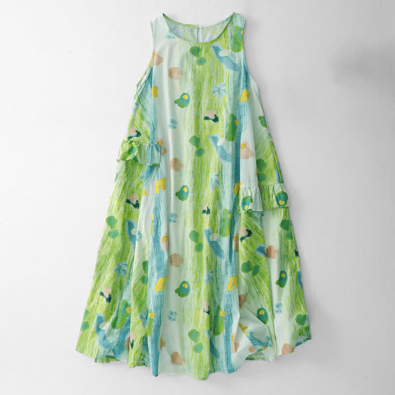 Buddha Stones Vestido sin mangas de mujer con estampado floral acuarela lavado para verano - Verde pálido - US14，UK/AU18，EU46 (2XL) - image 0