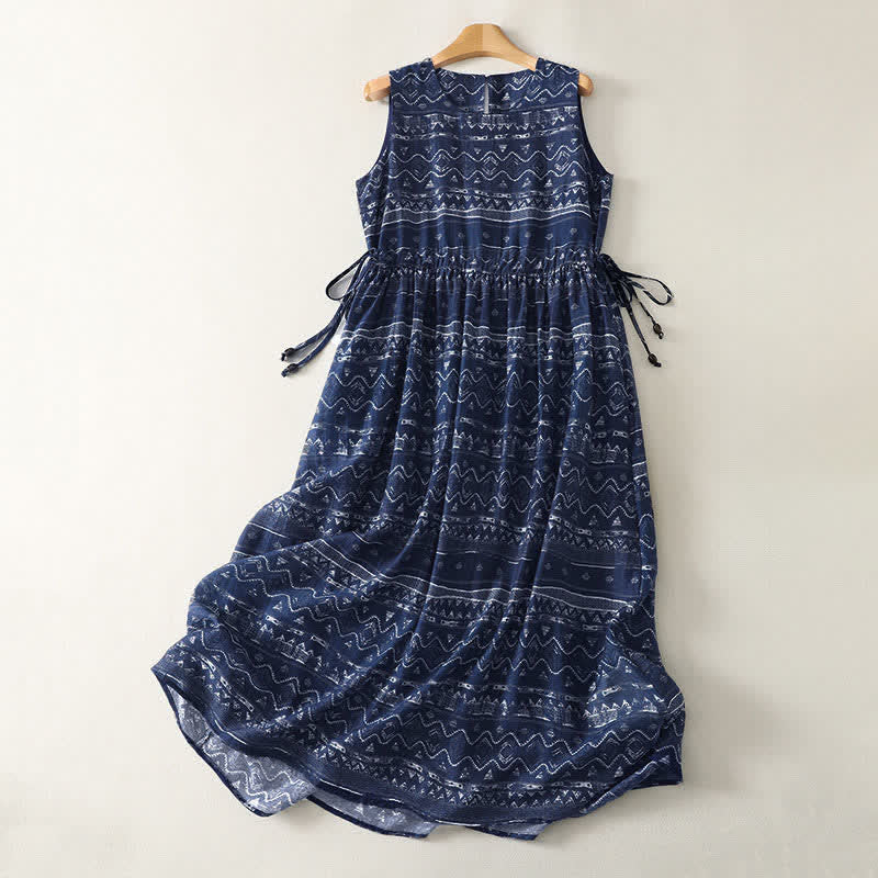 Buddha Stones Vestido de verano bohemio sin mangas con estampado étnico, cordón ajustable y bolsillos para mujer. - Azul medianoche - US12, UK/AU16, EU44 (2XL) - image 0