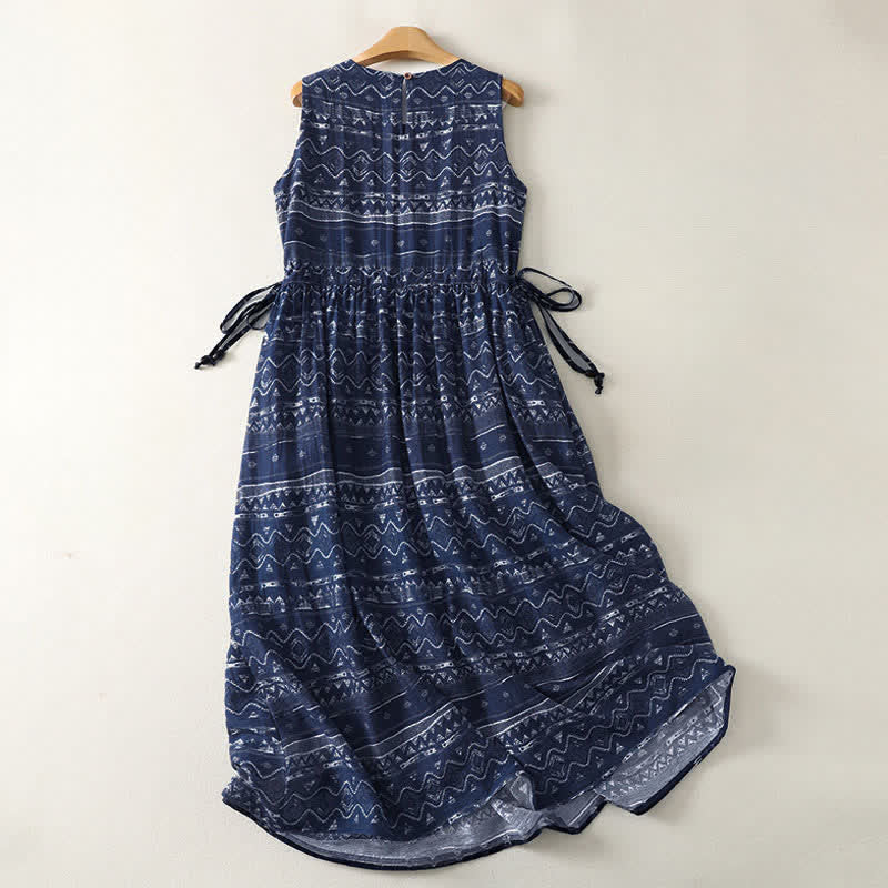 Buddha Stones Vestido de verano bohemio sin mangas con estampado étnico, cordón ajustable y bolsillos para mujer. - image 1