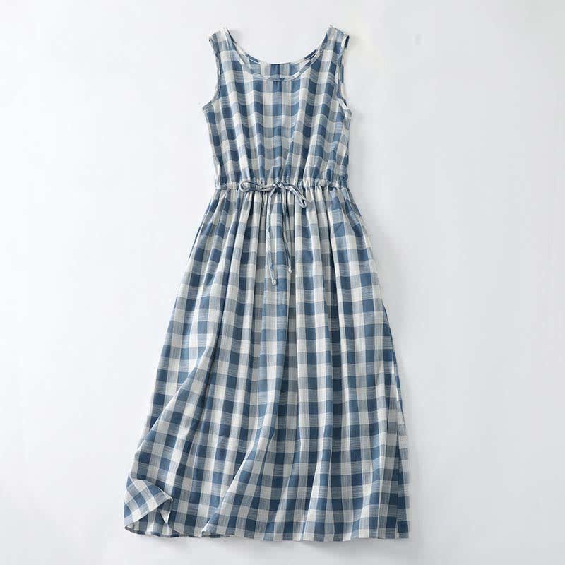 Buddha Stones Vestido de verano informal para mujer, de estilo casual, con cordón ajustable, estampado de cuadros vichy azul y blanco, sin mangas y con bolsillos. - azul acero claro - US12, UK/AU16, EU44 (2XL) - image 0