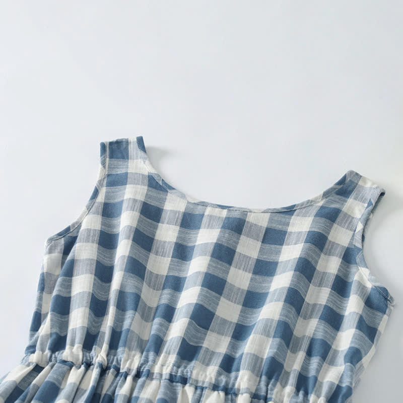 Buddha Stones Vestido de verano informal para mujer, de estilo casual, con cordón ajustable, estampado de cuadros vichy azul y blanco, sin mangas y con bolsillos. - image 1