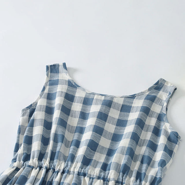 Buddha Stones Vestido de verano informal para mujer, de estilo casual, con cordón ajustable, estampado de cuadros vichy azul y blanco, sin mangas y con bolsillos. - image 1