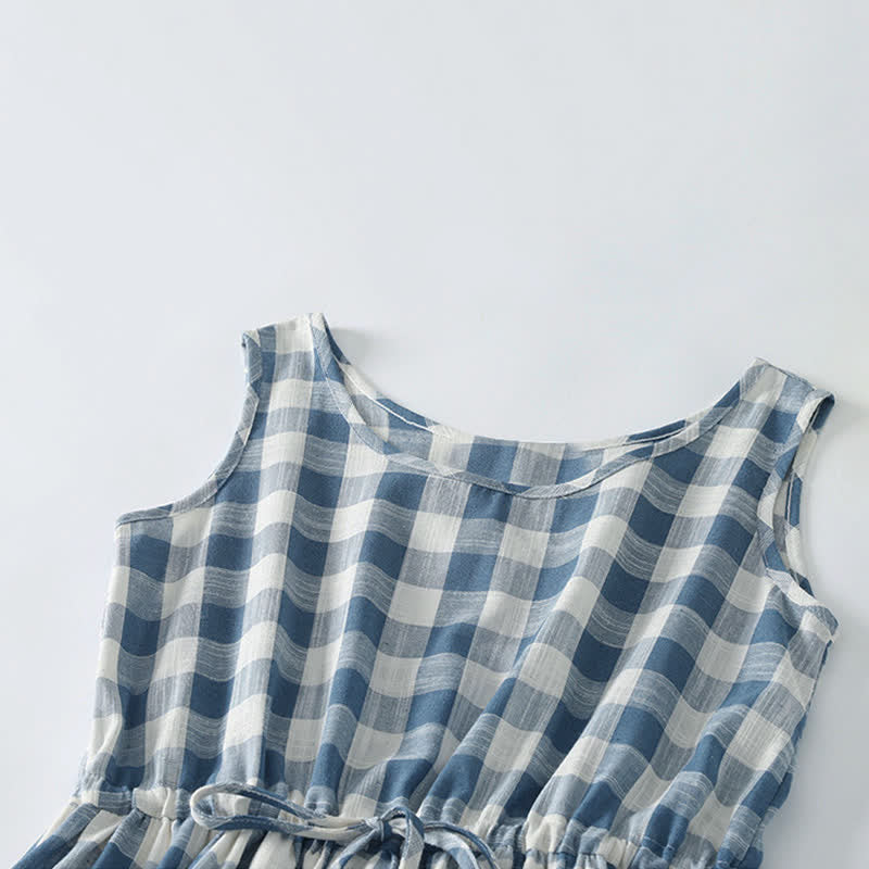 Buddha Stones Vestido de verano informal para mujer, de estilo casual, con cordón ajustable, estampado de cuadros vichy azul y blanco, sin mangas y con bolsillos. - image 2