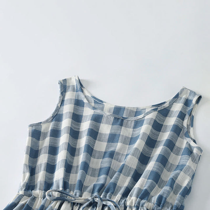 Buddha Stones Vestido de verano informal para mujer, de estilo casual, con cordón ajustable, estampado de cuadros vichy azul y blanco, sin mangas y con bolsillos. - image 2