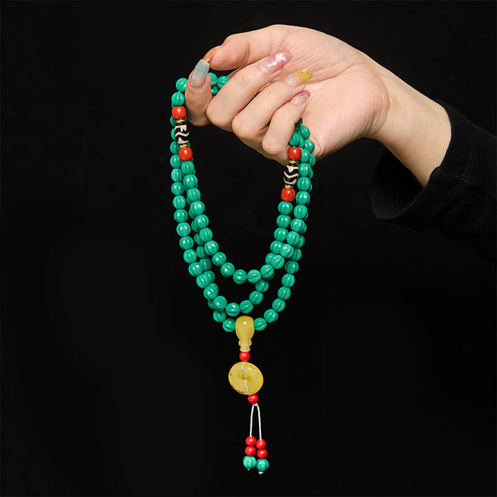 Buddha Stones Mala tibetana de 108 cuentas turquesas con forma de calabaza y cuentas Dzi para el pensamiento positivo - image 3