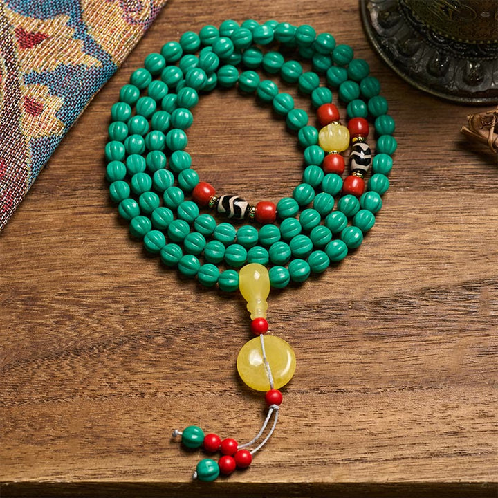 Buddha Stones Mala tibetana de 108 cuentas turquesas con forma de calabaza y cuentas Dzi para el pensamiento positivo - 8 mm*108 - image 0