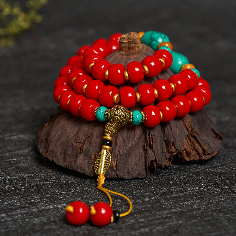 Buddha Stones Pulsera de cuentas de ágata roja tibetana y turquesa "Confianza" - Ágata roja - image 0