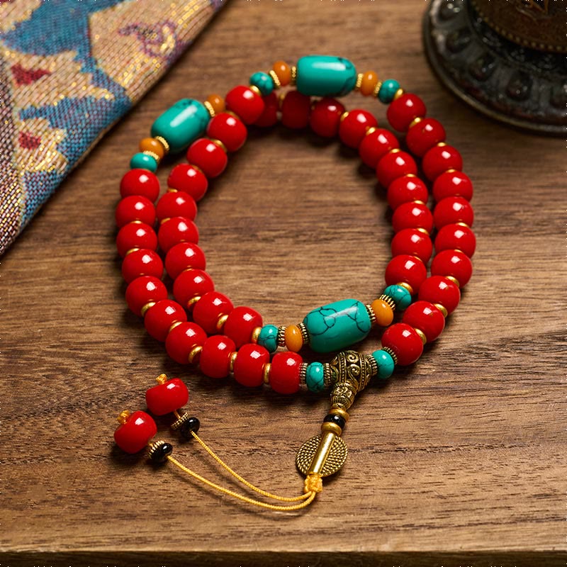 Buddha Stones Pulsera de cuentas de ágata roja tibetana y turquesa "Confianza" - image 1