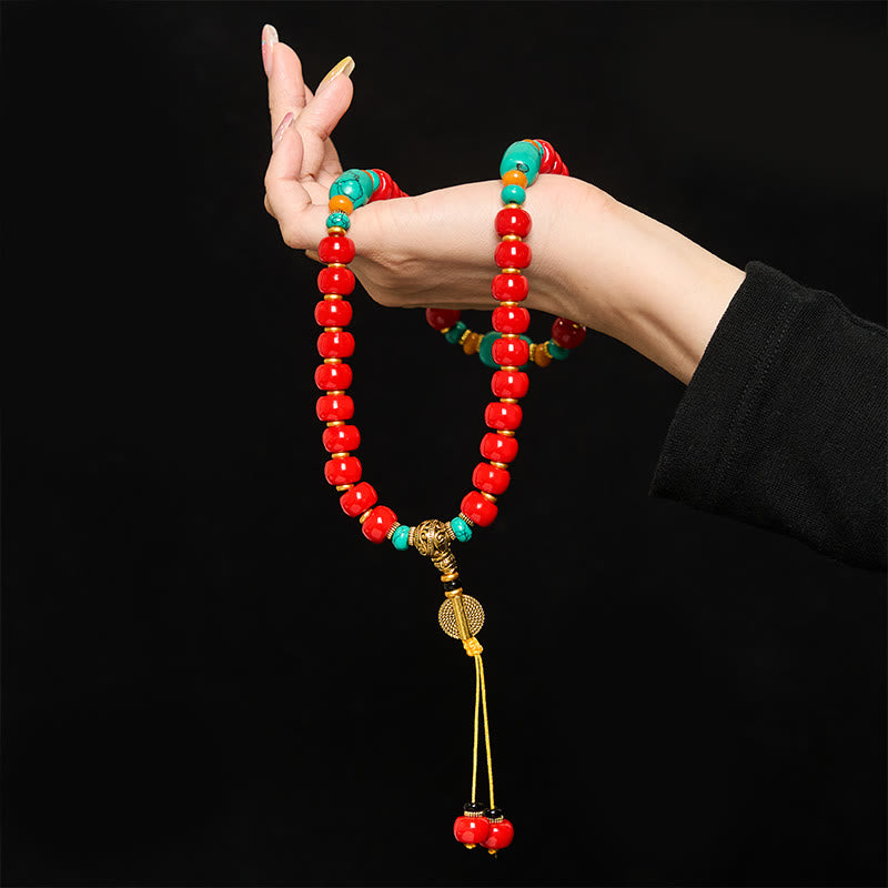 Buddha Stones Pulsera de cuentas de ágata roja tibetana y turquesa "Confianza" - image 4