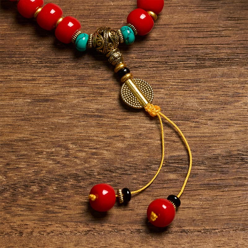 Buddha Stones Pulsera de cuentas de ágata roja tibetana y turquesa "Confianza" - image 5