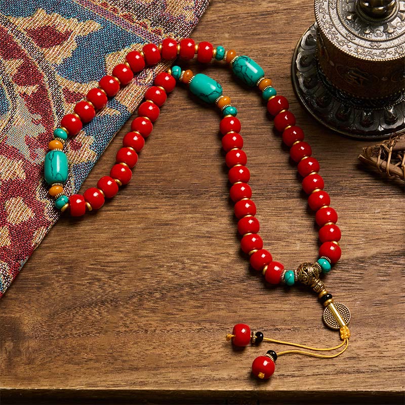 Buddha Stones Pulsera de cuentas de ágata roja tibetana y turquesa "Confianza" - image 2
