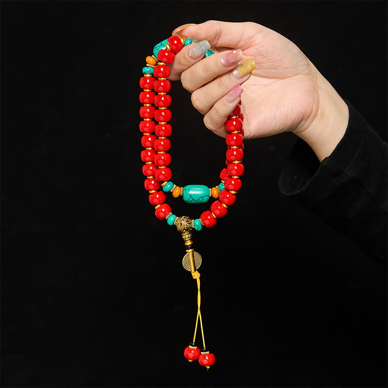 Buddha Stones Pulsera de cuentas de ágata roja tibetana y turquesa "Confianza" - image 3