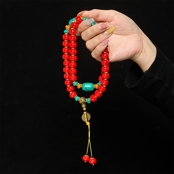 Buddha Stones Pulsera de cuentas de ágata roja tibetana y turquesa "Confianza" - image 3