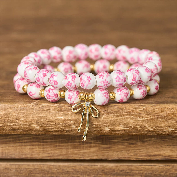 Buddha Stones Pulsera de cuentas de porcelana azul, blanca y rosa con lazo y palabra de honor - Rosa (Circunferencia de la muñeca: 15-16 cm) - image 6