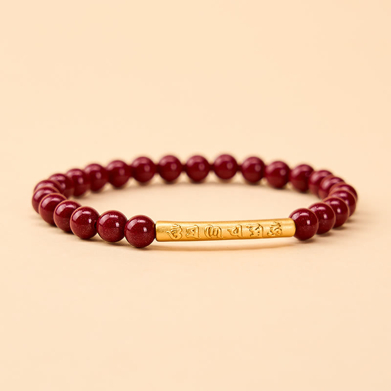 Buddha Stones Pulsera de plata de ley 999 con cinabrio y la inscripción Om Mani Padme Hum. - Oro cinabrio (circunferencia de la muñeca: 14–15 cm) - image 0