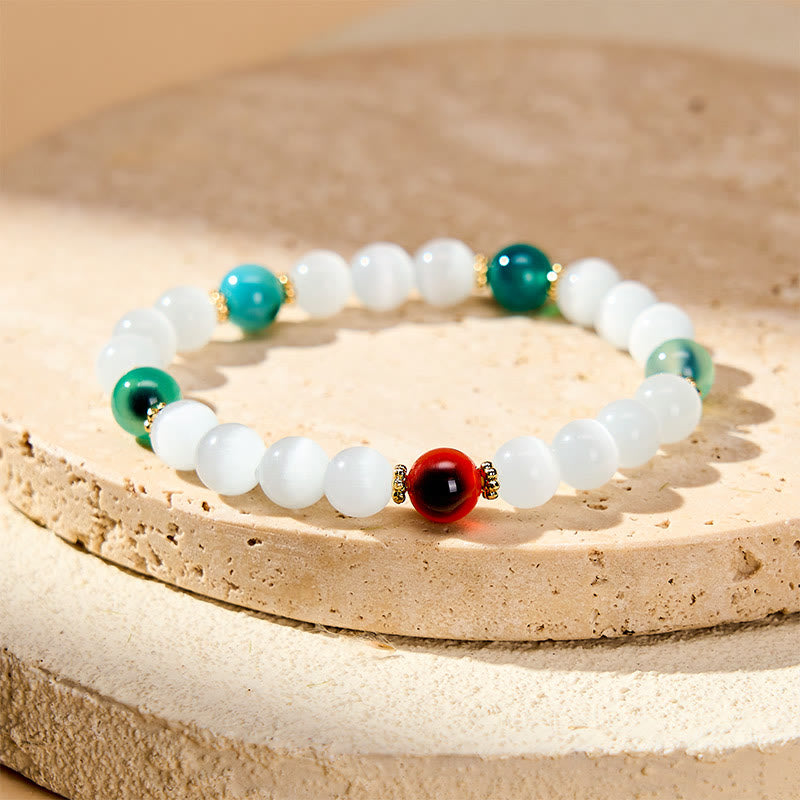 Buddha Stones Pulsera de ágata de caramelo colorida con ojo de gato blanco que simboliza la abundancia - Ágata blanca ojo de gato espaciada (circunferencia de la muñeca: 15-16 cm) - image 8