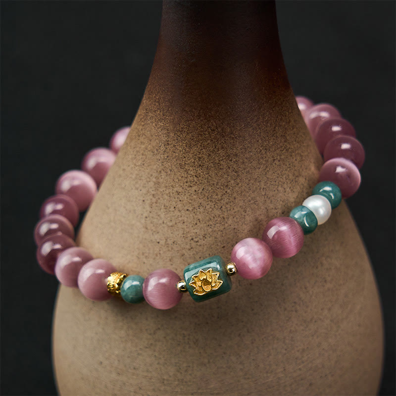 Buddha Stones Pulsera con símbolo de iluminación de loto ojo de gato morado - image 5