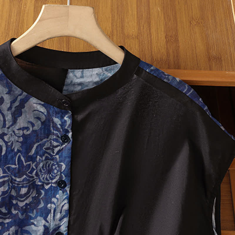 Buddha Stones Camisas sin mangas de verano minimalistas con cuello mandarín y estampado floral asimétrico para mujer. - image 9